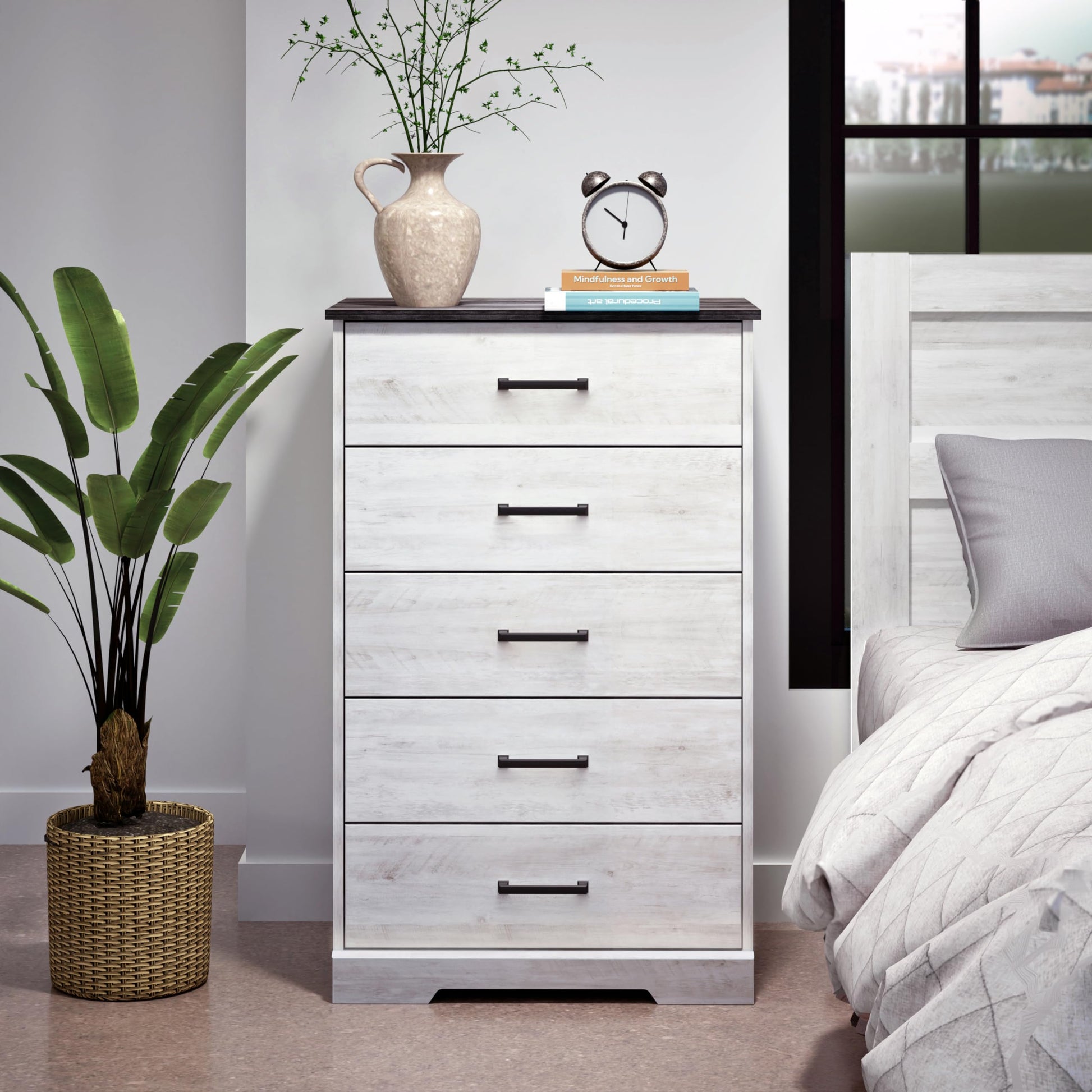 Prepac Dresser for Bedroom, Chest 5 Drawers, 18.5" D x 27.5" W x 43.5" H, Washed White - WoodArtSupply