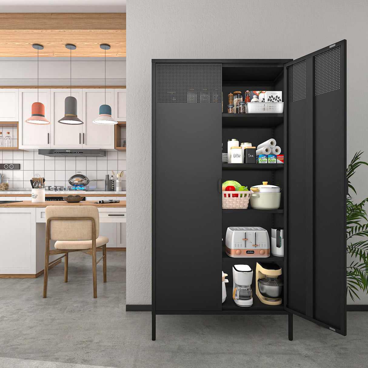 COFaR 5 Tier Black Metal Storage Cabinet, Free Standing with 2 Doors, 4 Adjustable Shelves and Legs, Cupboard Metal Cabinet for Living Room, Kitchen, Dining Room, Office COFaR