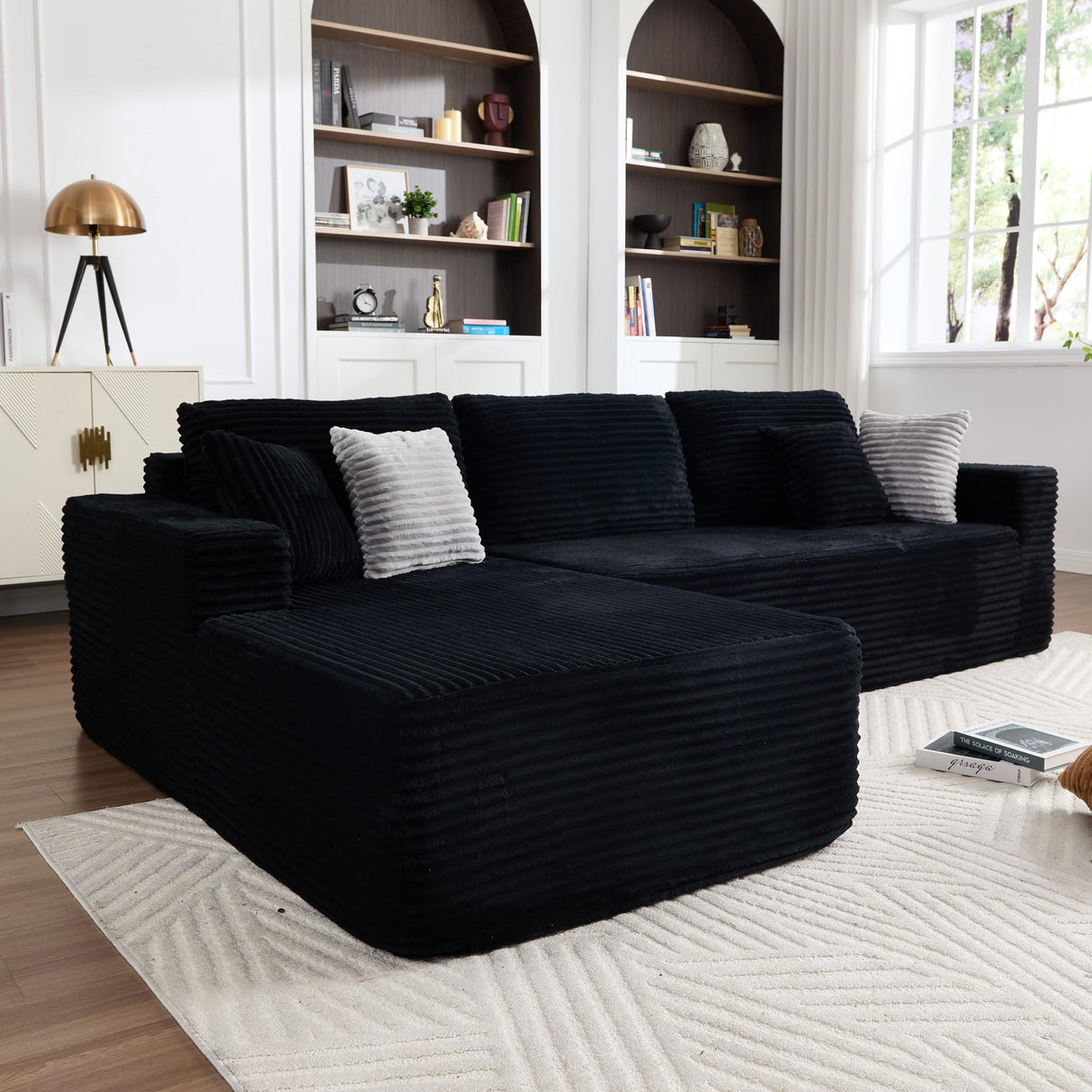 Opiesit 108" Boneless Couches for Living Room, Modular Sectional Sofa with Oversized Chaise, L-Shape Cloud Couch with Deep Seat, High-Density Memory Foam, No Assembly Required, Plush Corduroy Black Opiesit