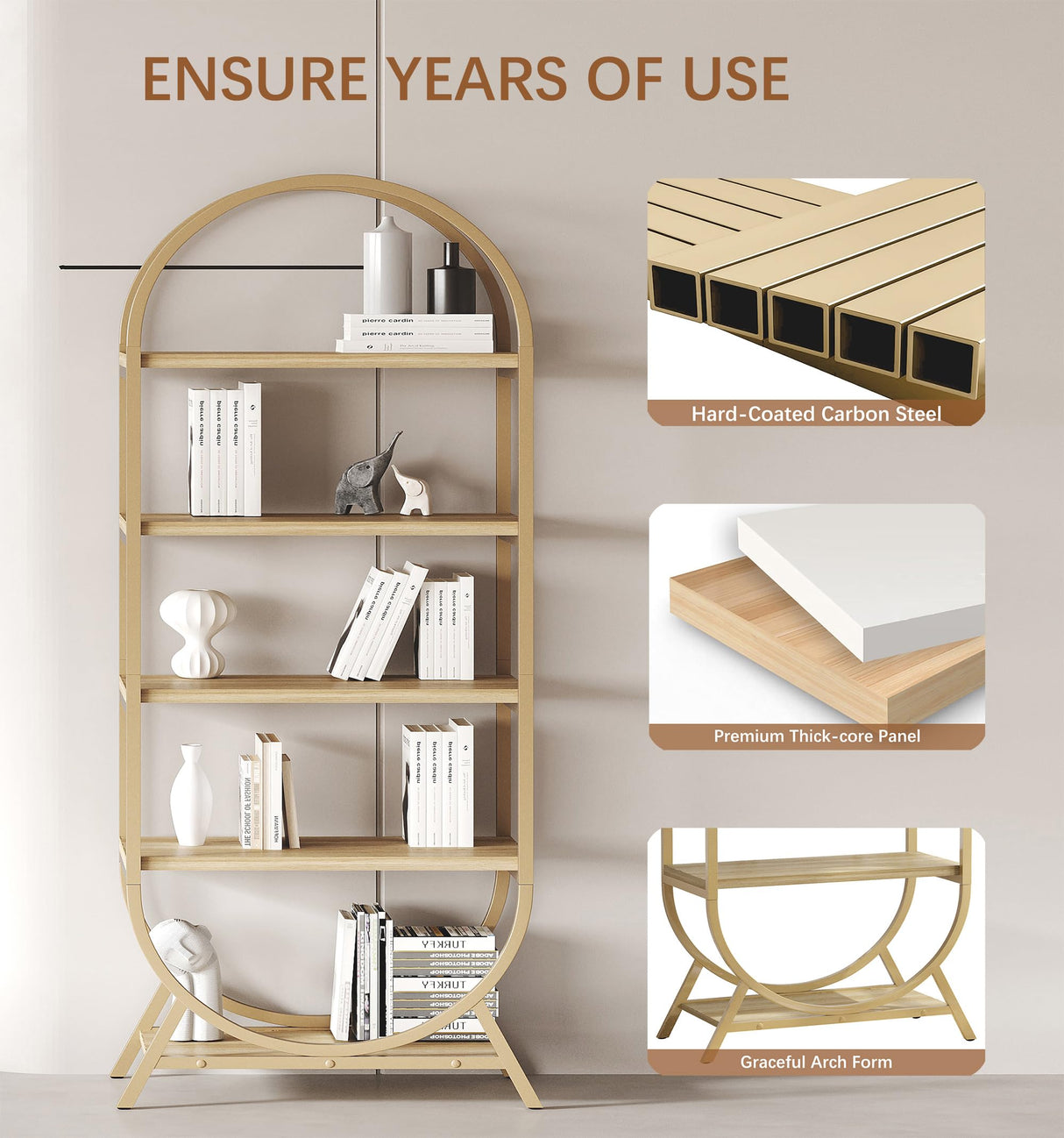 Kogven Bookshelf Arched Bookcase, Industrial 5 Tier Open Book Shelves with Metal Frame, 72" Tall Freestanding Display Rack for Home Office, Living Room,Nature Wood and Gold Kogven