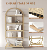 Kogven Bookshelf Arched Bookcase, Industrial 5 Tier Open Book Shelves with Metal Frame, 72" Tall Freestanding Display Rack for Home Office, Living Room,Nature Wood and Gold Kogven