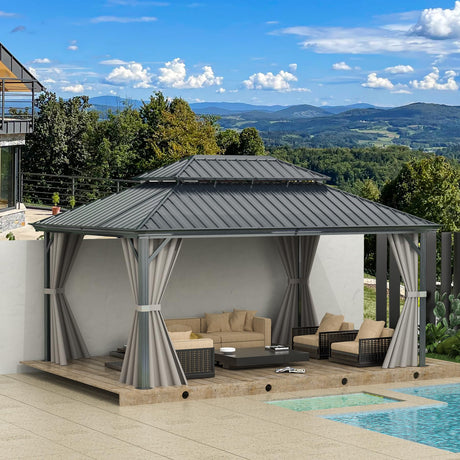 Domi 12'x16' Hardtop Gazebo Canopy,Outdoor Aluminum Gazebo with Galvanized Steel Double Roof,Permanent Gazebo with Drainage System,Curtain and Netting Included,Grey domi outdoor living