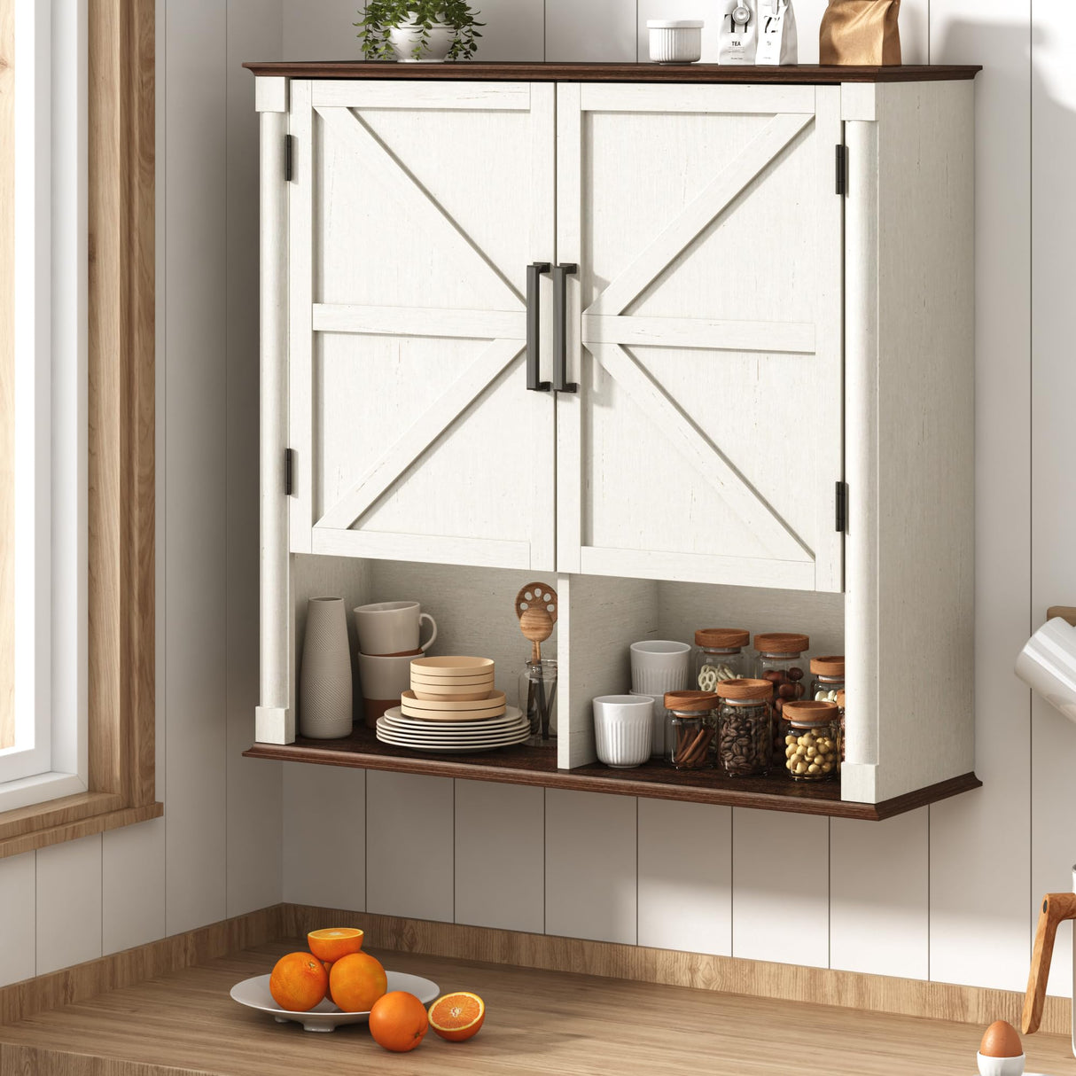 Farmhouse Bathroom Storage Cabinet,Double Wooden Bathroom Wall Cabinet with Roman Column Decor, Farmhouse Medicine Cabinets w Barn Doors,Storage Cabinets Wall Mounted for Kitchen(Rustic White) jiteentarou