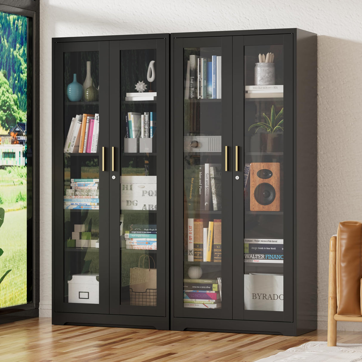 UNICOLY Storage Cabinet with Doors and Shelves, Display Cabinet with Glass Doors, Pantry Cabinet, Curio Cabinet with Locking Doors, Metal Storage Cabinet for Office,Kitchen,Living Room 71” H Black UNICOLY