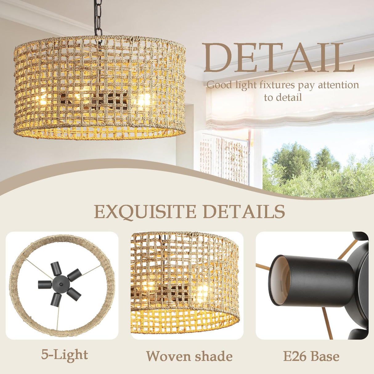 Mgcanyu 17.7" Rattan Dining Room Light fixtures, 5-Light Hand Woven Pendant Lights Kitchen Island Rattan Boho Chandelier Bohemian Hanging Ceiling Lights Wicker Lighting for Restaurants Living Room Mgcanyu