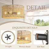 Mgcanyu 17.7" Rattan Dining Room Light fixtures, 5-Light Hand Woven Pendant Lights Kitchen Island Rattan Boho Chandelier Bohemian Hanging Ceiling Lights Wicker Lighting for Restaurants Living Room Mgcanyu