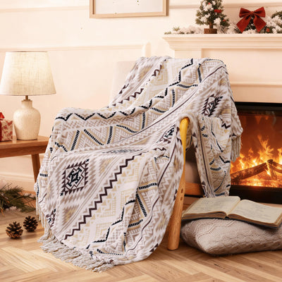 CASAAGUSTO Boho Throw Blanket - Beige and Gray Decorative Blankets with Tassel, Printed Flannel Bohemian Blanket for Chair, Bed, Sofa, Couch(50 * 60, Beige and Gray)