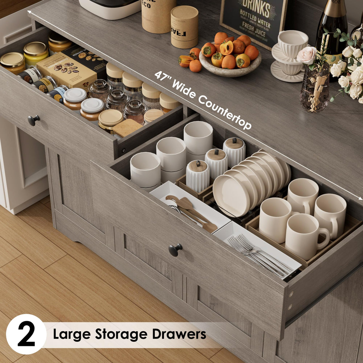 HIFIT 71" LED Kitchen Pantry Cabinet with Power Outlet, Large Kitchen Hutch Storage Cabinet with Arched Door, Shelves, 2 Drawer, Tall Farmhouse Coffee Bar w/Hutch for Home Dining Living Room, Ash Grey HIFIT