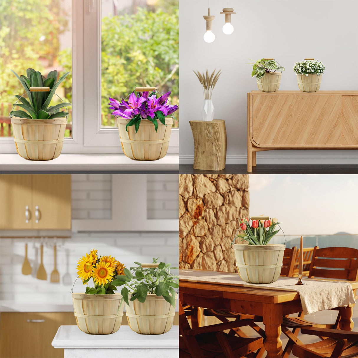 Cornucopia Round Wooden Baskets (2-Pack, Natural); Wood Fruit Buckets with Handle, 4-Quart Capacity; 6.1 Inch Tall by 8 Inch Diameter Cornucopia Brands