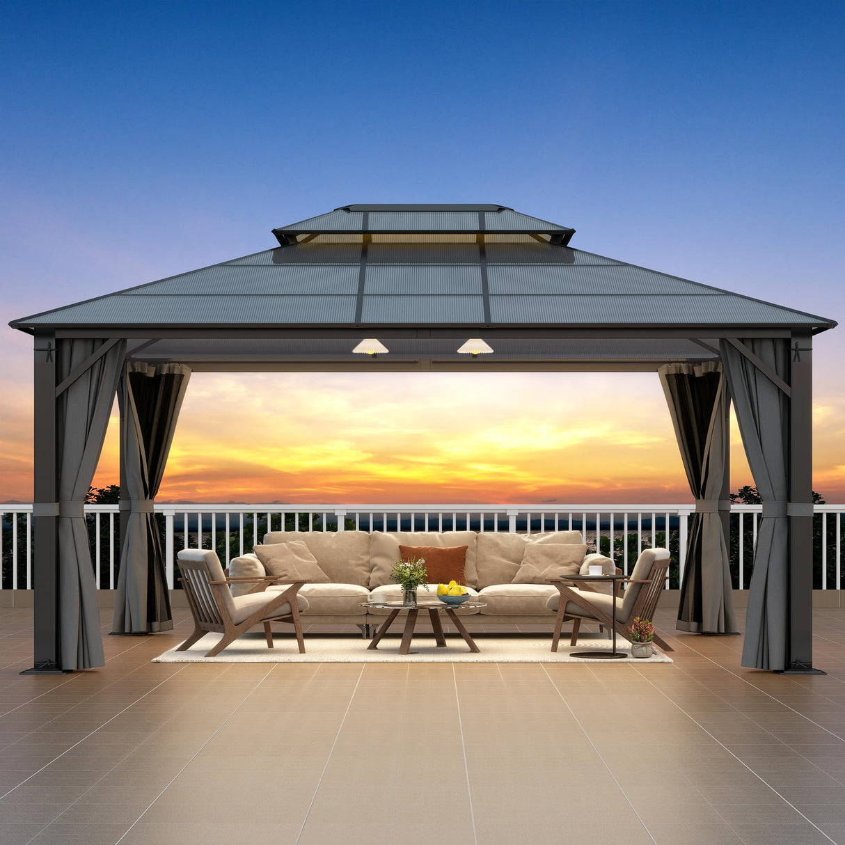 Raysfung Hardtop Gazebo 12' x 16', Patio Gazebos with Polycarbonate Roof & Steel Frame, Outdoor Pavilion with Gray Curtain&Netting for Backyard/Lawn/Garden/Deck Raysfung