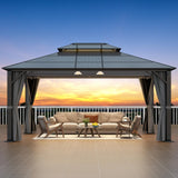 Raysfung Hardtop Gazebo 12' x 16', Patio Gazebos with Polycarbonate Roof & Steel Frame, Outdoor Pavilion with Gray Curtain&Netting for Backyard/Lawn/Garden/Deck Raysfung