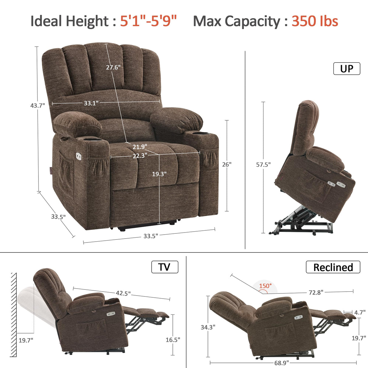 MCombo Power Lift Recliner Chair for Elderly, Lift Chair with Heat and Massage, USB &Type C Ports, Cup Holders, Fabric 7095 (Medium, Mocha) MCombo