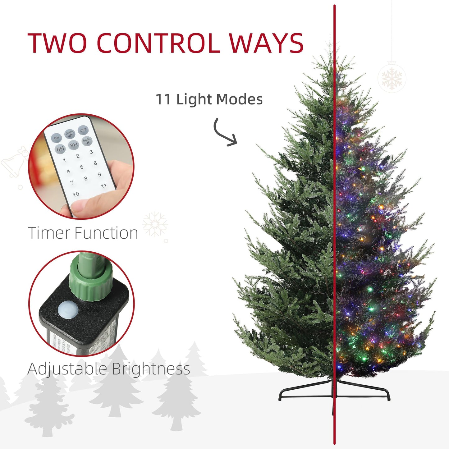 HOMCOM 9 ft Prelit Christmas Tree, Nordic Pine Artificial Christmas Tree with 300 Dual Color LED Lights and 1939 Branch Tips, Hinged Xmas Tree with Wide Base for Holiday Party, Green