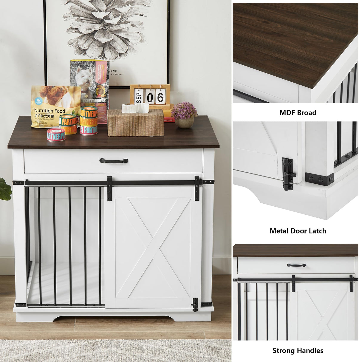 Aoowow Dog Crate Furniture 38" Wooden Dog Kennel Indoor with Sliding Barn Door,Heavy Duty Dog Crate Decorative Dog House with Drawer Dog Cage End Table for Small Medium Dogs,White Aoowow