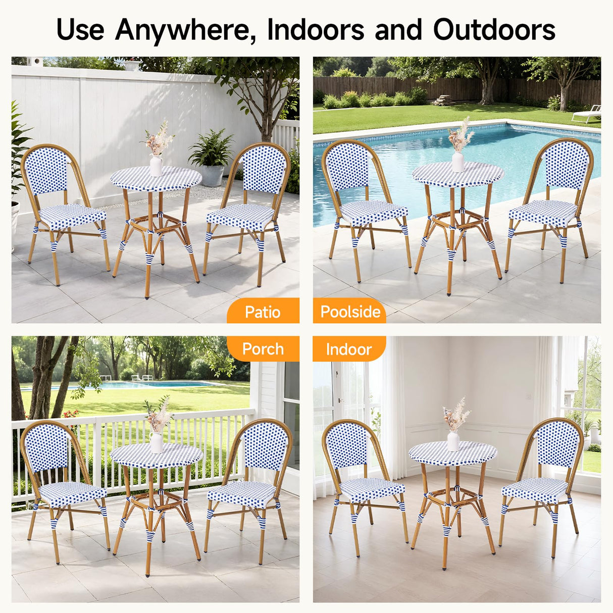 3 Piece French Wicker Bistro Set, Patio Bistro Set with Table and 2 Dining Chairs, All Weather ‎Outdoor ‎Bistro Set with Aluminum Frame, Outdoor Patio Set for Patio Porch Cafes Yard, Navy and White Dovov