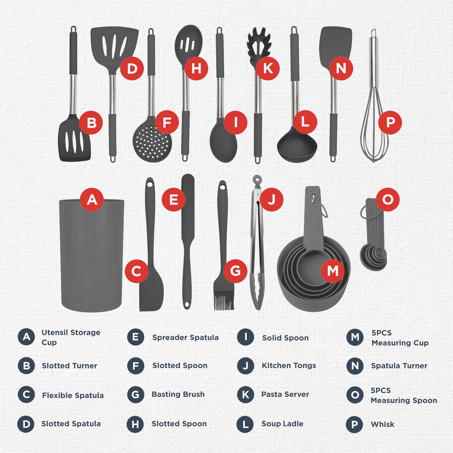 Silicone Kitchen Utensils Set - Culinary Couture 24-Pieces Grey Silicone Cooking Utensils Set for Nonstick Cookware - Silicone Spatulas Set, Stainless Steel Handle & Other Kitchen accessories