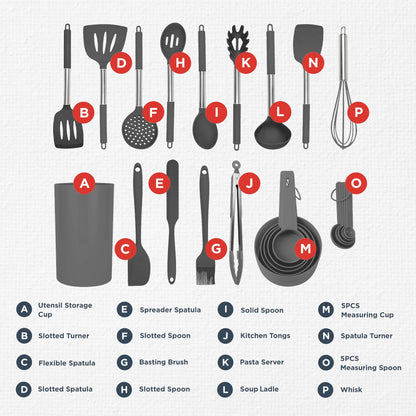 Silicone Kitchen Utensils Set - Culinary Couture 24-Pieces Grey Silicone Cooking Utensils Set for Nonstick Cookware - Silicone Spatulas Set, Stainless Steel Handle & Other Kitchen accessories