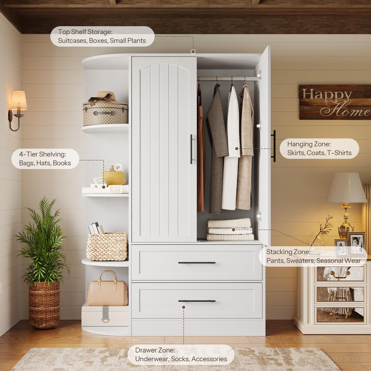 HOOBRO Wardrobe Closet with Doors, 70.9" Tall Armoire Wardrobe Closet with 4 Storage Shelves, Wooden Bedroom Armoire with 2 Drawers and Hanging Rod, Clothing Storage Cabinet for Bedroom, White HOOBRO
