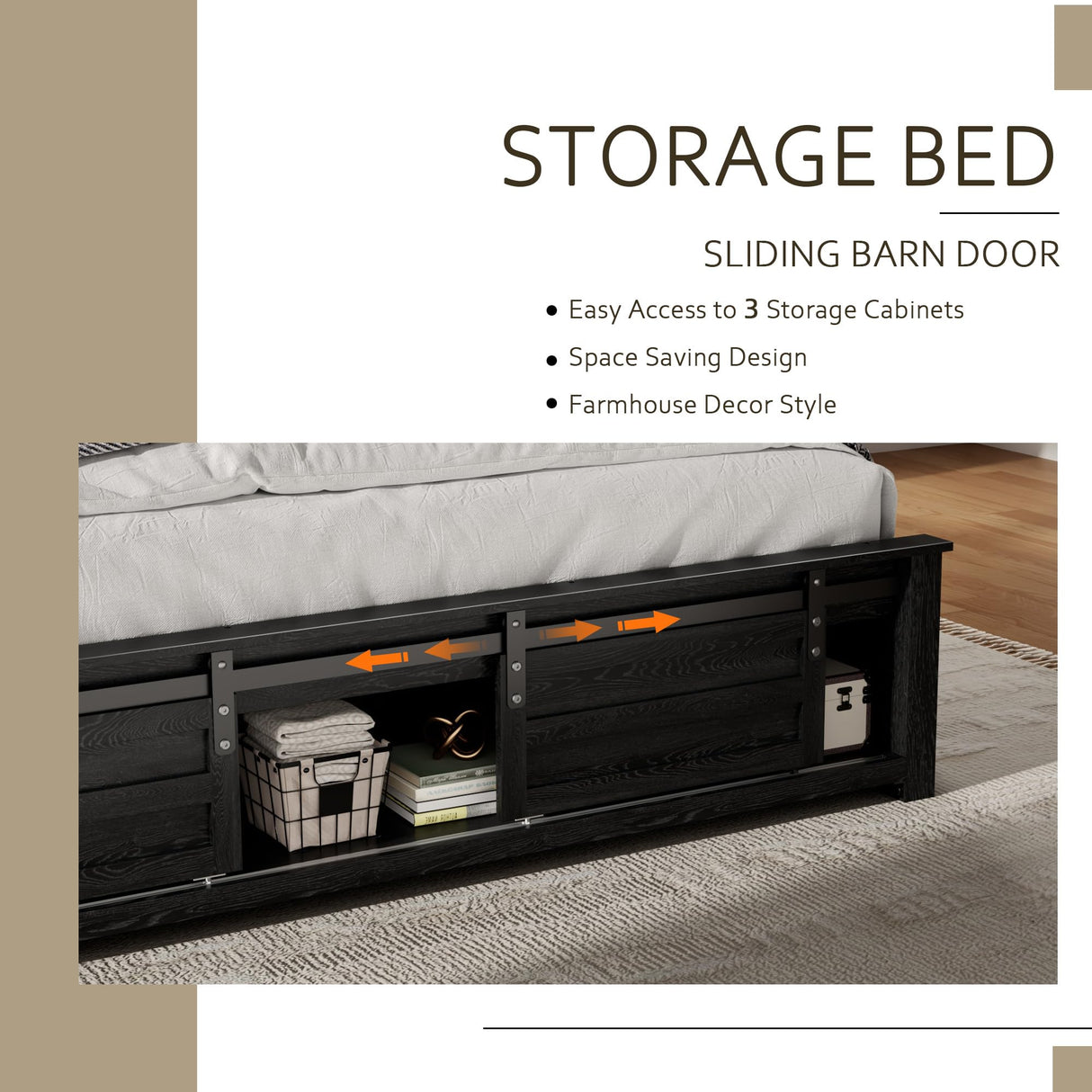 madeslves Wooden Bed Frame Queen Size with Headboard & Sliding Barn Door Storage Footboard, Farmhouse Platform Bedframe with Charging Station & Lights, No Box Spring Needed, Black madeslves