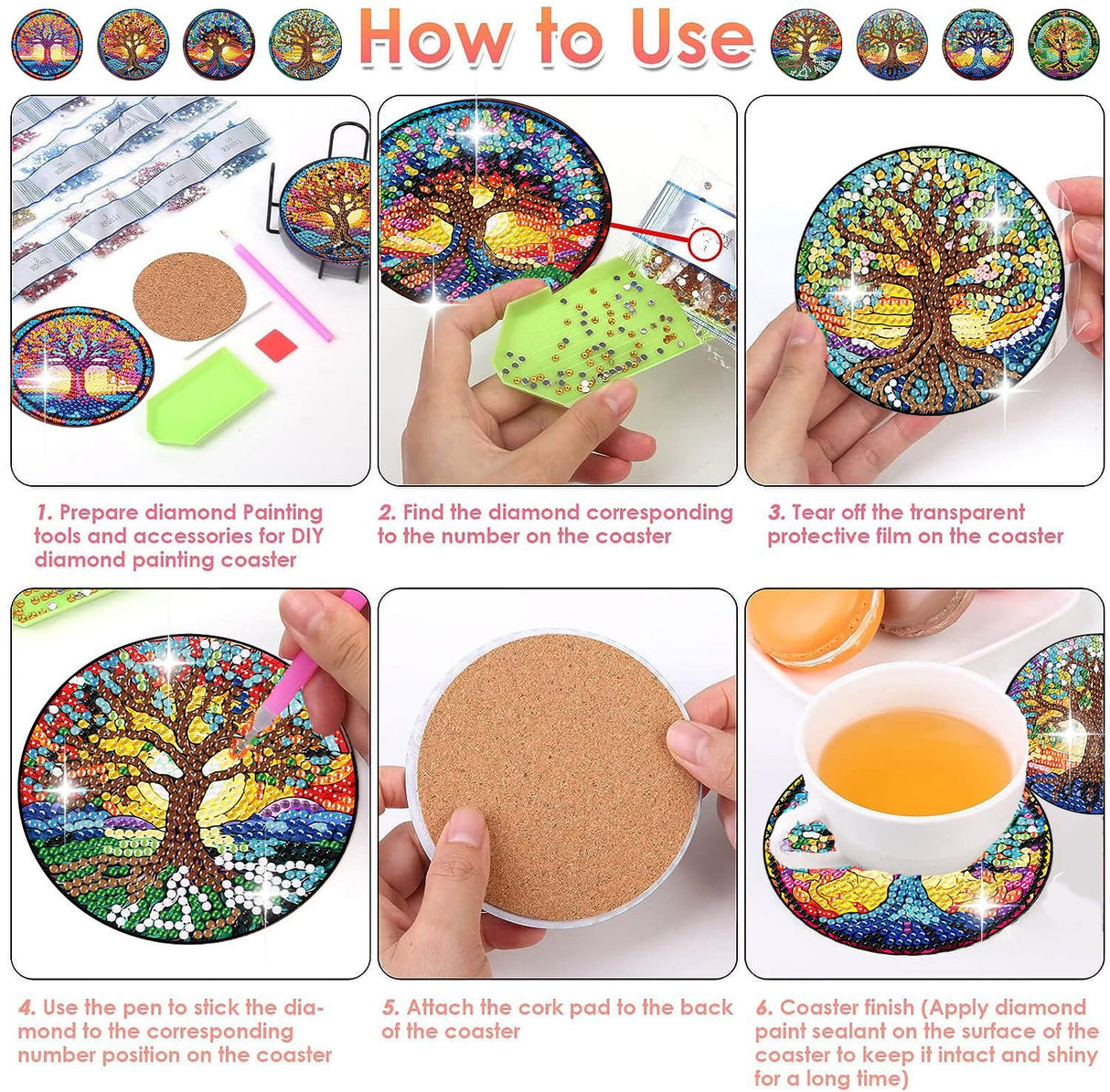 ijbnhd 8 PCS Tree of Life Diamond Art Coasters Diamond Painting Coasters Kits with Holder Tree of Life DIY Coasters for Beginners Adults Crafts Supplies 4X4inch (Cork Wooden Pad) ijbnhd