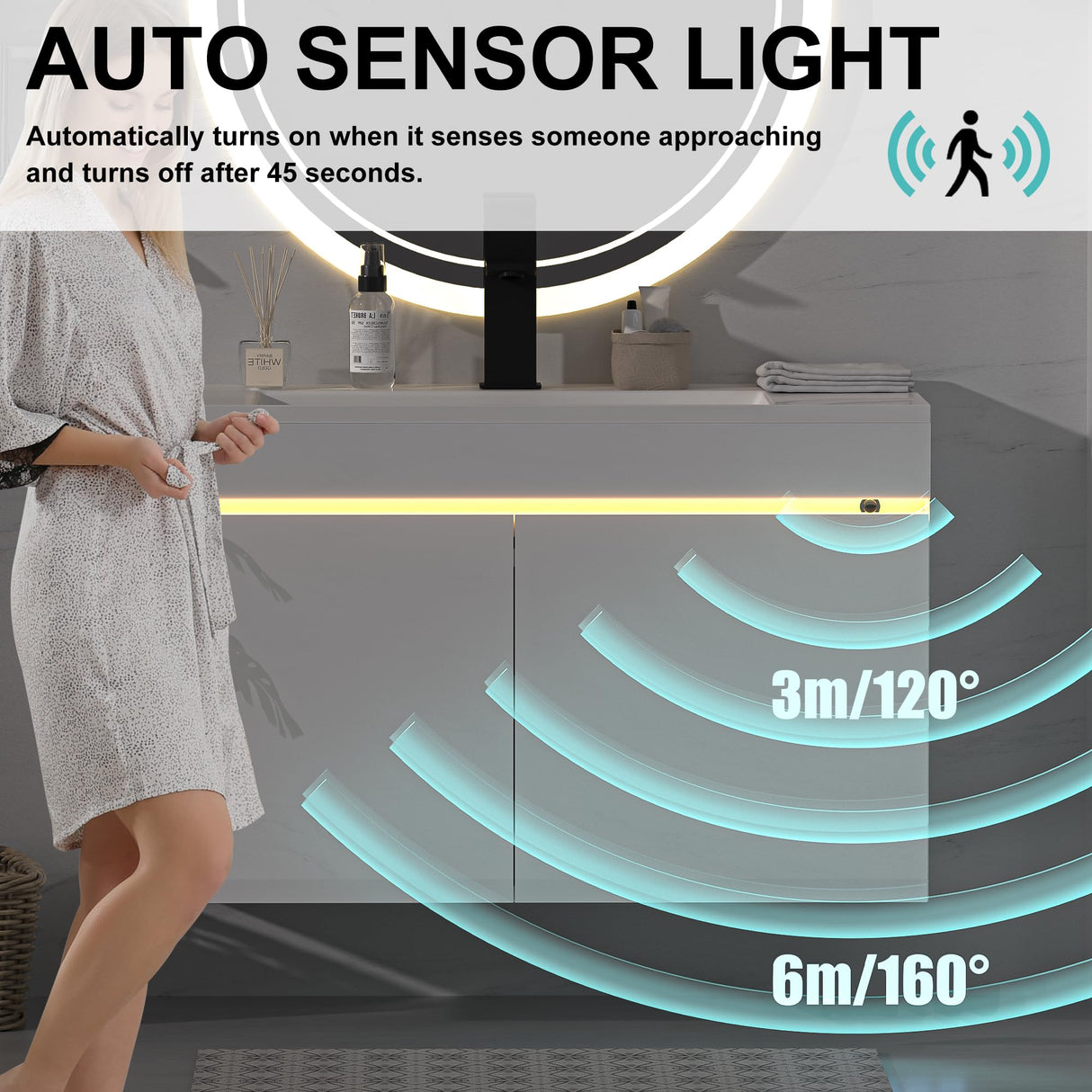 AHB 30 inch Bathroom Vanity W/Sink Combo, High Gloss Bathroom Cabinet, Smart Wall Mounted Sink Cabinet Auto Motion Sensor LED Light, Modern Floating Vanity with Faucet AHB