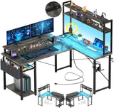 Aheaplus Small L Shaped Gaming Desk with LED Lights & Power Outlets, Reversible L-Shaped Computer Desk with Monitor Stand & Storage Shelf, Corner Desks Home Office Desk with Storage Bag, Grey Oak Aheaplus