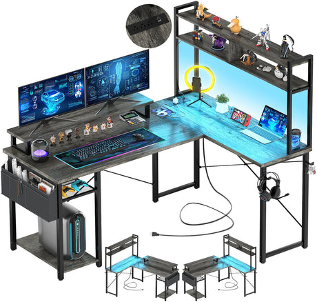 Aheaplus Small L Shaped Gaming Desk with LED Lights & Power Outlets, Reversible L-Shaped Computer Desk with Monitor Stand & Storage Shelf, Corner Desks Home Office Desk with Storage Bag, Grey Oak Aheaplus