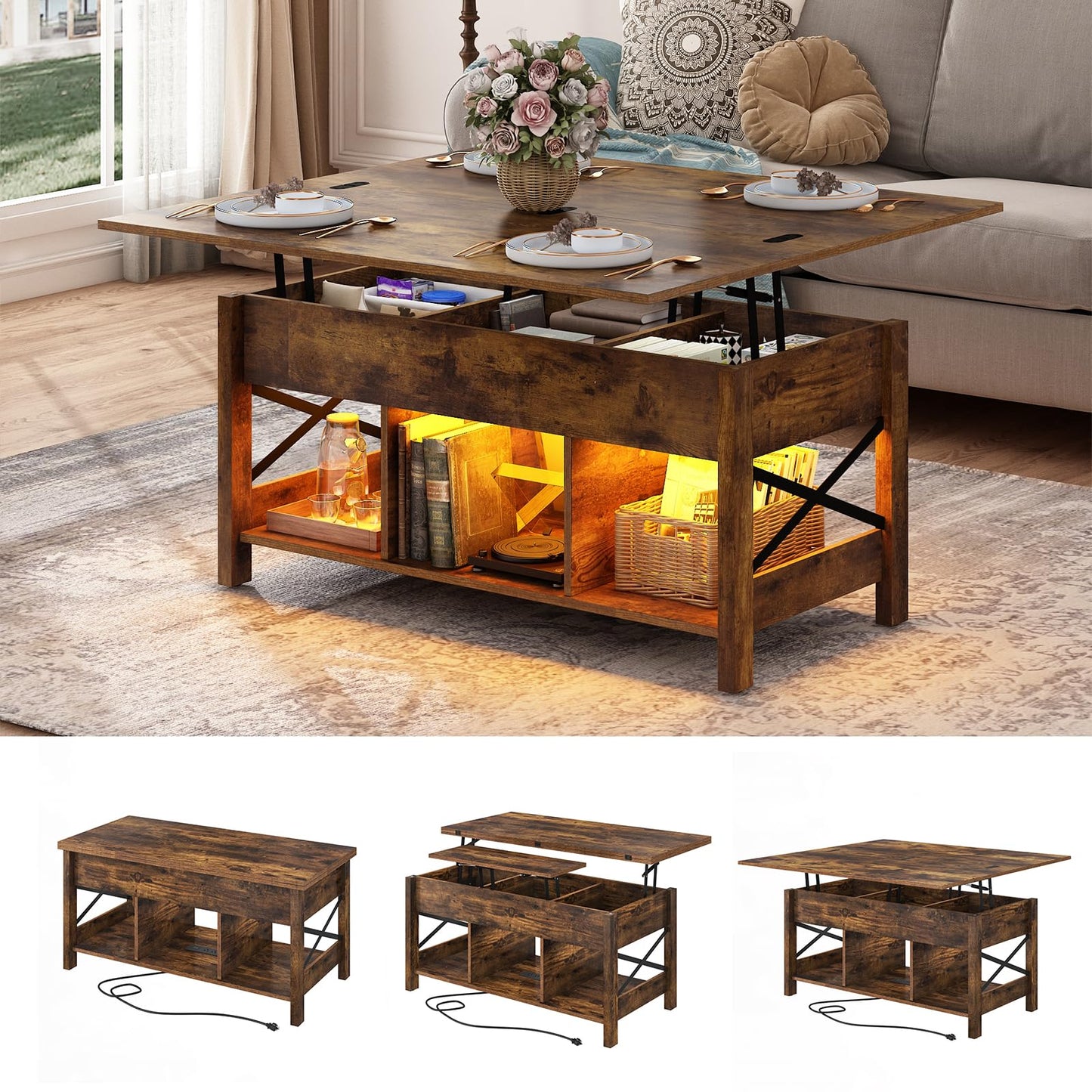 Hlivelood Lift Top Coffee Table, 4 in 1 Living Room Multi-Function LED Table with Charging Station&LED Lights, Farmhouse Convertible Lift Center Table w/Storage and Hidden Compartment, Rustic - WoodArtSupply