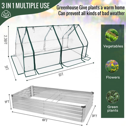 DIIYIV 6x3x1 Raised Garden Bed with Cover-Outdoor Galvanized Planter Box, Bottomless Flower Bed with Clear Cover, Raised Garden Bed Kit with Dual 2-Tier Roll-Up Windows, Easy Venting & Watering