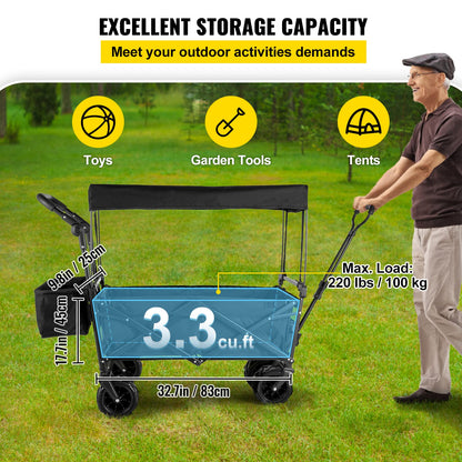 Happbuy Extra Large Collapsible Garden Cart with Removable Canopy, Folding Wagon Utility Carts with Wheels and Rear Storage, Wagon Cart for Garden, Camping, Grocery Cart, Shopping Cart, Black - WoodArtSupply