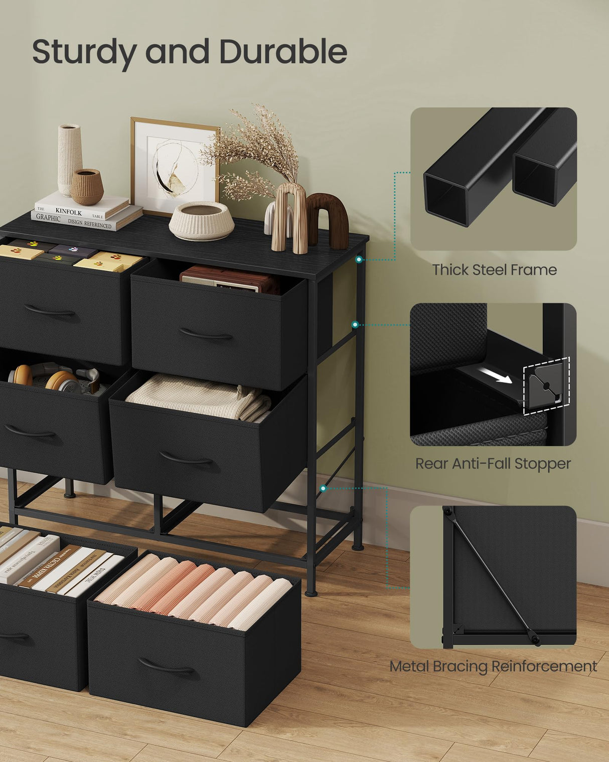 SONGMICS Dresser for Bedroom, Chest of Drawers, TV Stand, Steel, MDF, 6 Non-Woven Fabric Drawers, Storage Organizer Unit, Closet, Entryway, Ink Black and Ebony Black ULGS123B01S SONGMICS