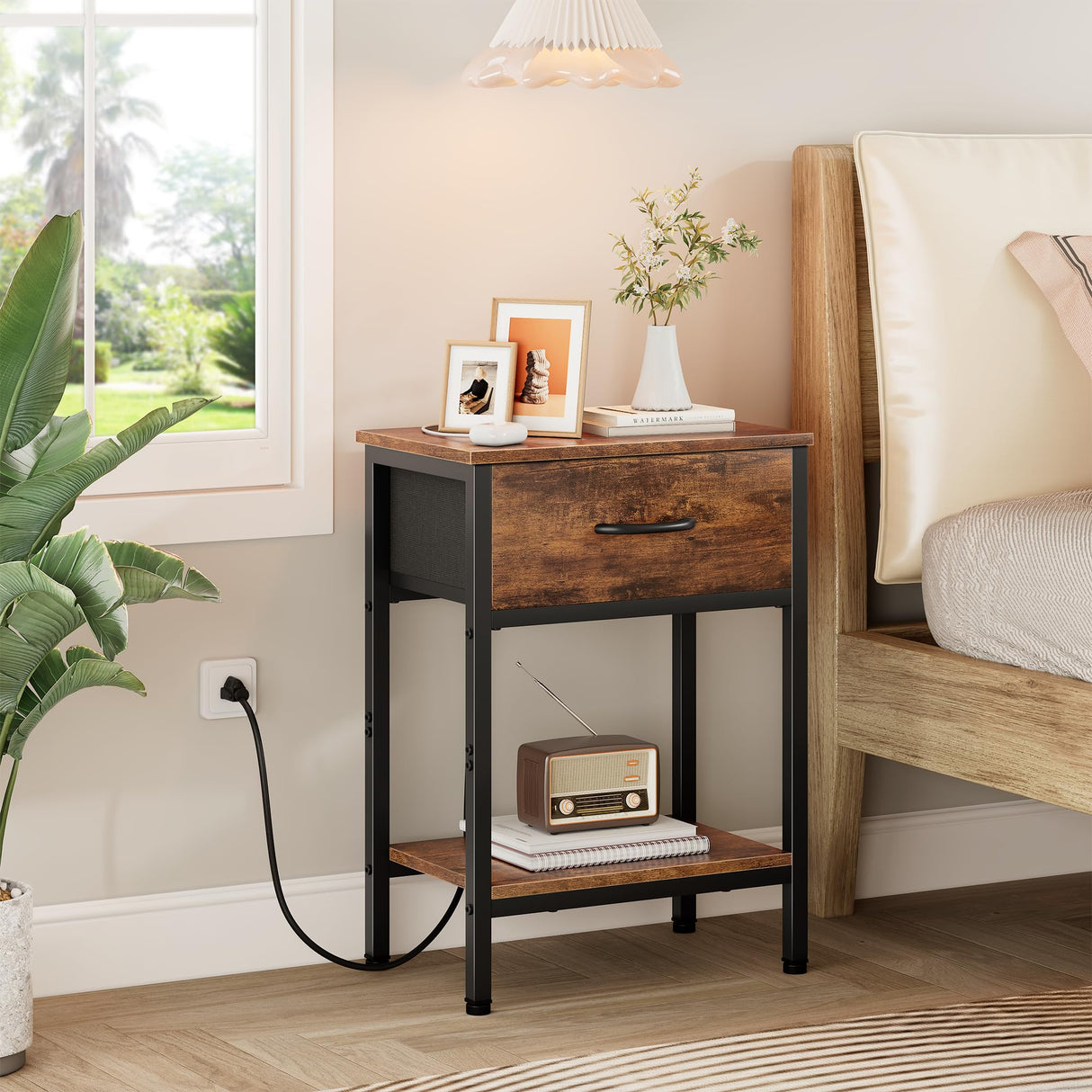 Vagusicc Nightstand with Charging Station, End Table with Fabric Drawer, Small Side Table with 2-Tier Storage Shelves, 25.4" Tall Bedside Table, Night Stand for Bedroom Living Room Dorm, Rustic Brown Vagusicc