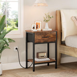 Vagusicc Nightstand with Charging Station, End Table with Fabric Drawer, Small Side Table with 2-Tier Storage Shelves, 25.4" Tall Bedside Table, Night Stand for Bedroom Living Room Dorm, Rustic Brown Vagusicc