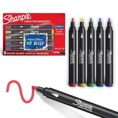 Sharpie Creative Markers, Water-Based Acrylic Markers, Bullet Tip, Assorted Colors, 5 Count, Ideal for Paper, Metal, Wood, Ceramic, and Canvas