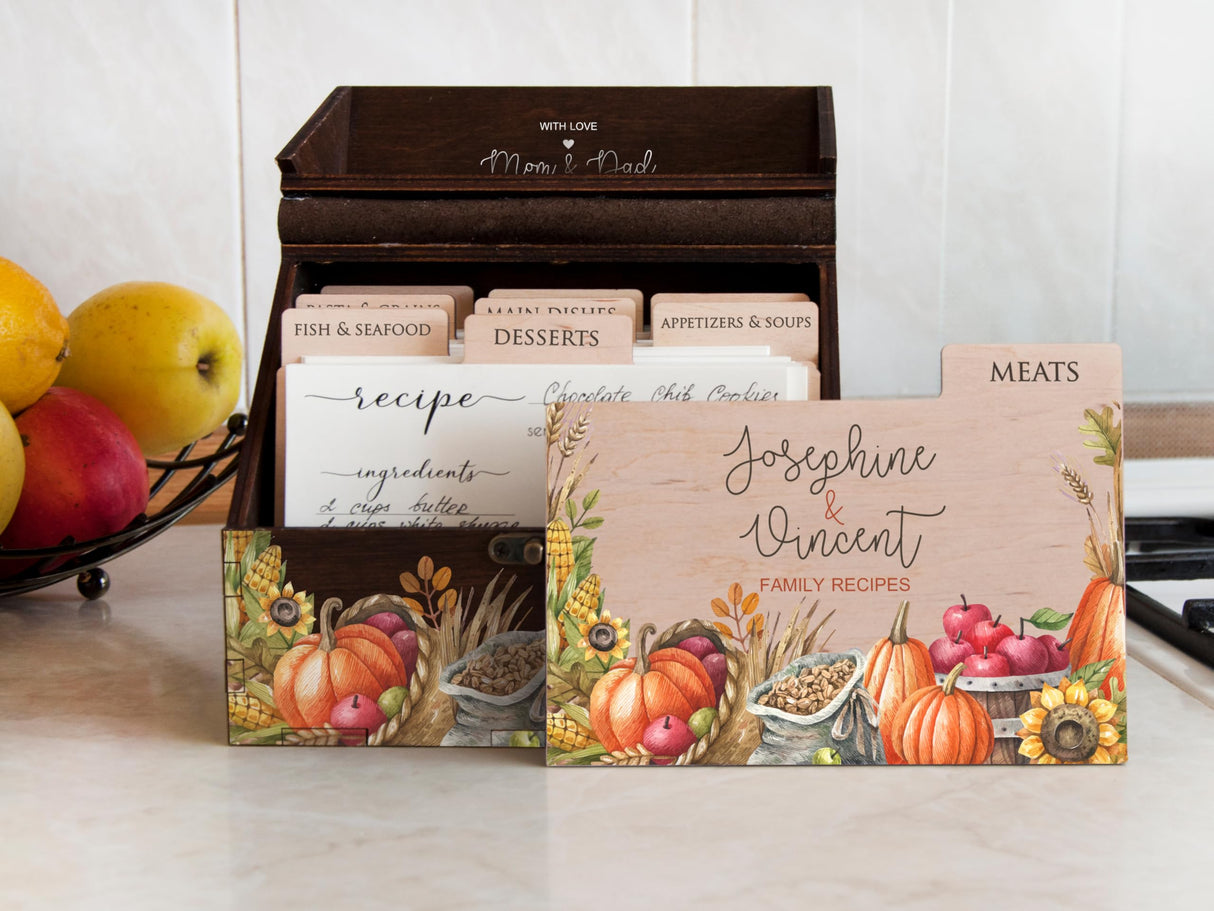 Personalized Recipe Box with Dividers & Cards - Wooden Kitchen Set for 4x6 or 5x7 Recipe Cards - Farmhouse Recipe Holder - Thanksgiving Gift, Christmas Gifts Ideas, Bridal Shower Gifts for Bride to Be WoodPresentStudio