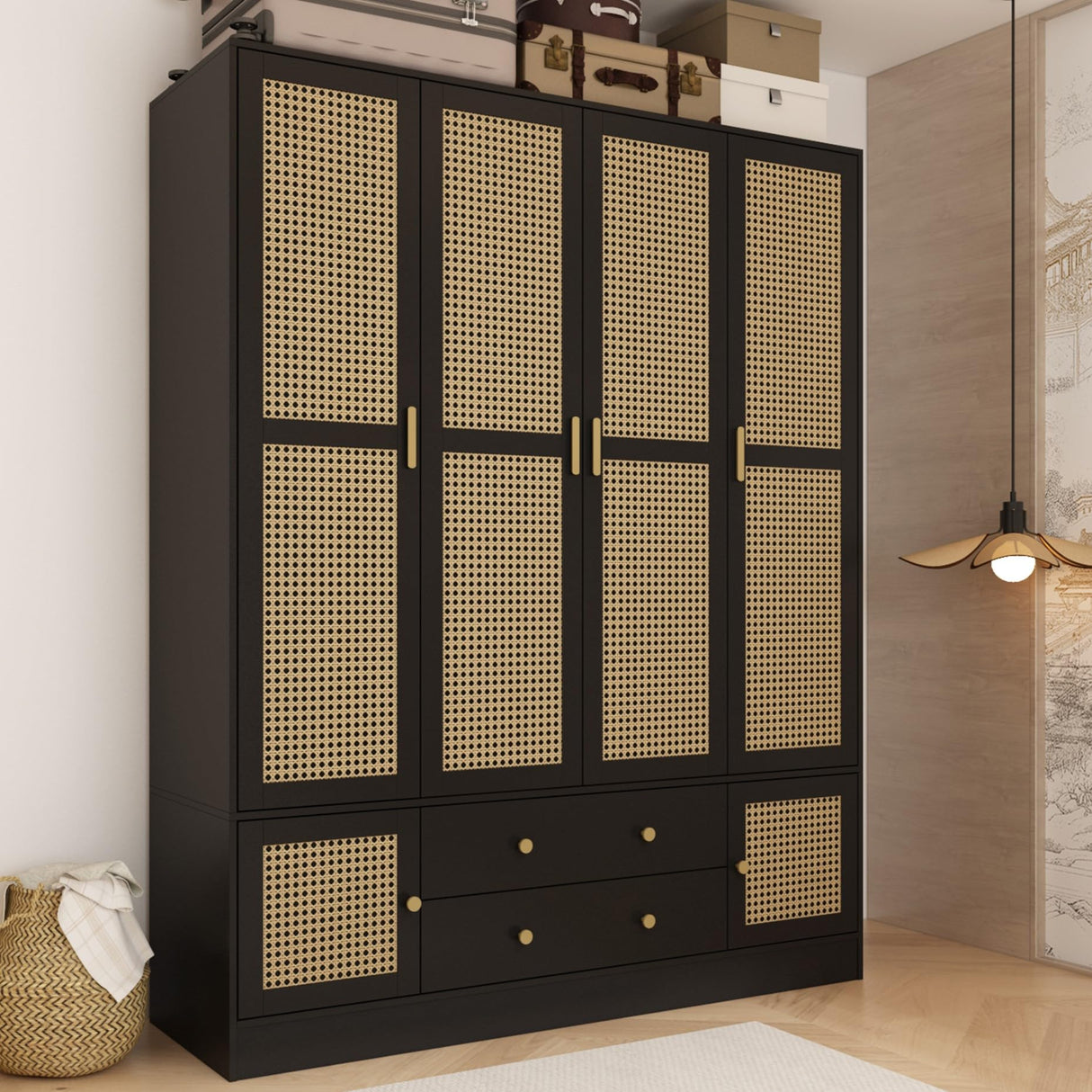 Hitow Rattan Large Wardrobe Closet with 2 Drawers and Doors, Hobo Wooden Cabinets for Clothes with 8 Shelves and 2 Hanging Rods, Wooden Wardrobe Closet for Bedroom, Black, 19.6" D x 63" W x 78.7" H Hitow