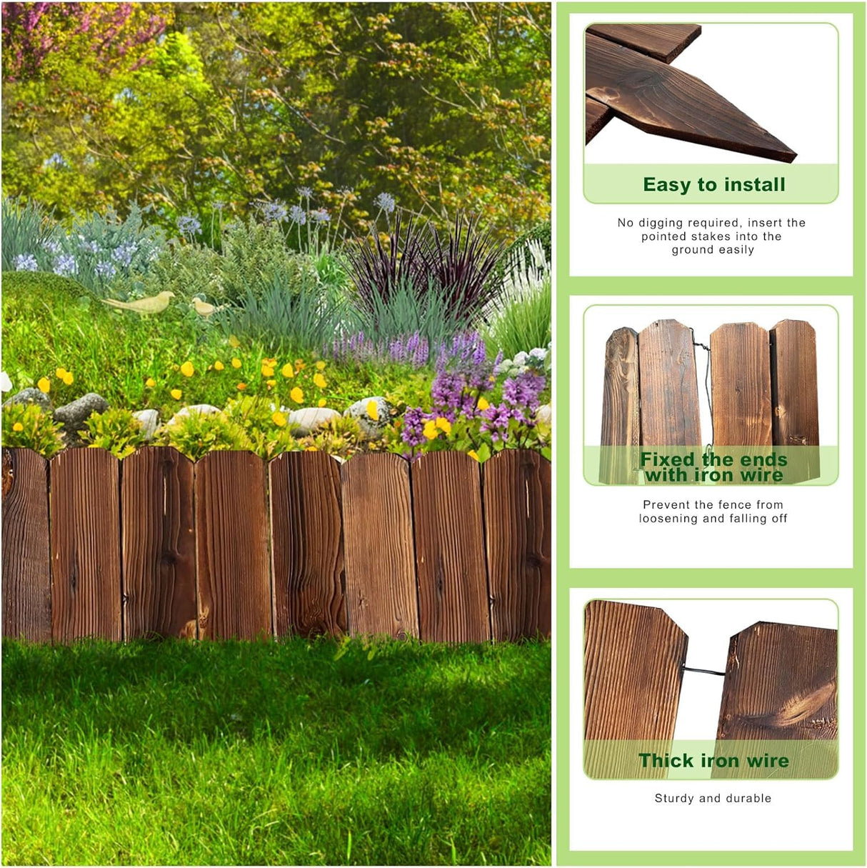 Garden Wooden Fence,6ft X 8in Pine Wood Flower Bed Edging Borders, No Fading Planter Fencing for Outdoor Patio Lawns Yard Flower Bed Decoration SHATGYI