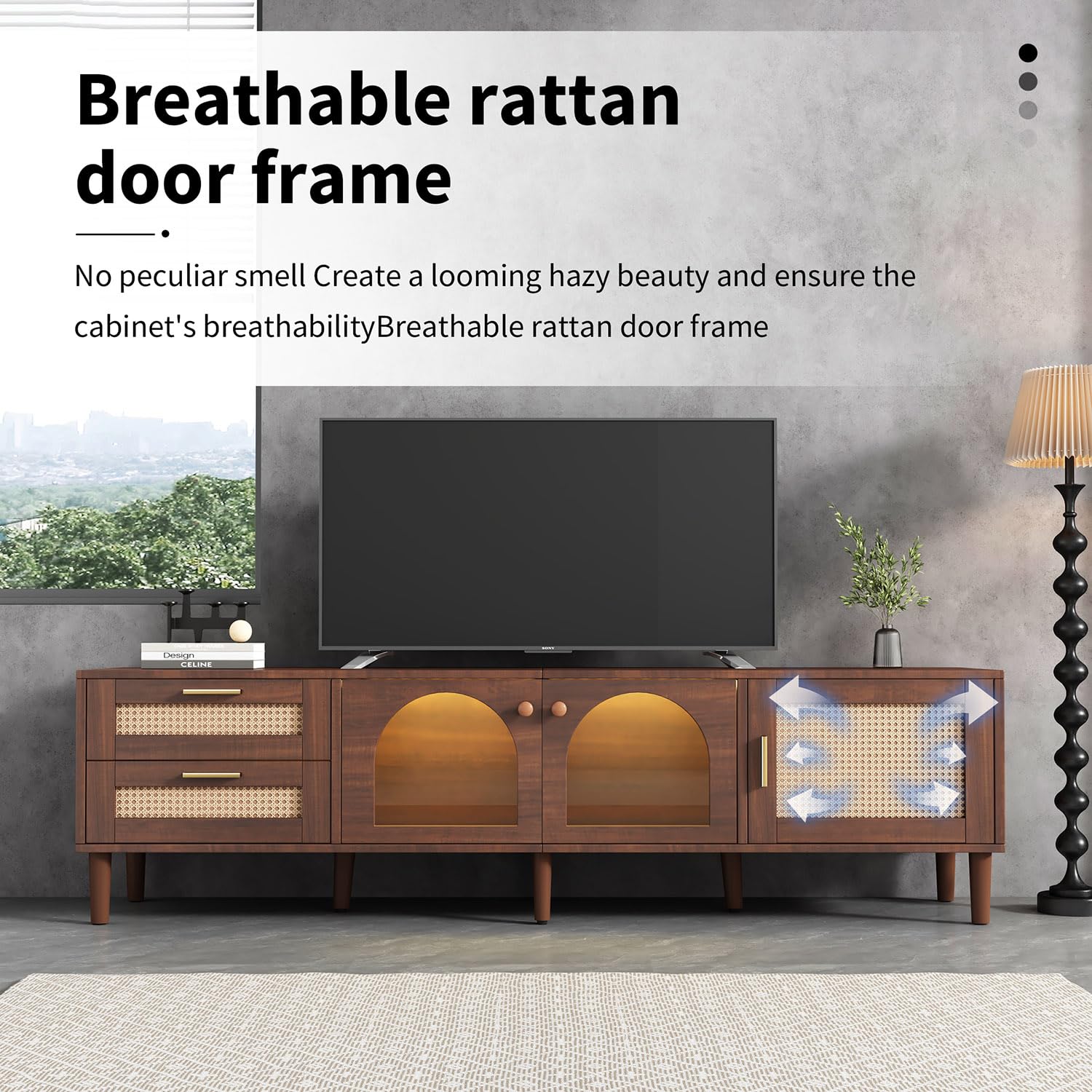 Rattan LED TV Stand for 75 Inch TV, Mid Century Modern Media Console Entertainment Center with 2 Arch Glass Doors, 2 Drawers, 3 Cabinets & Wood Legs, Living Room TV Stand, TV Console Wood TV  - WoodArtSupply