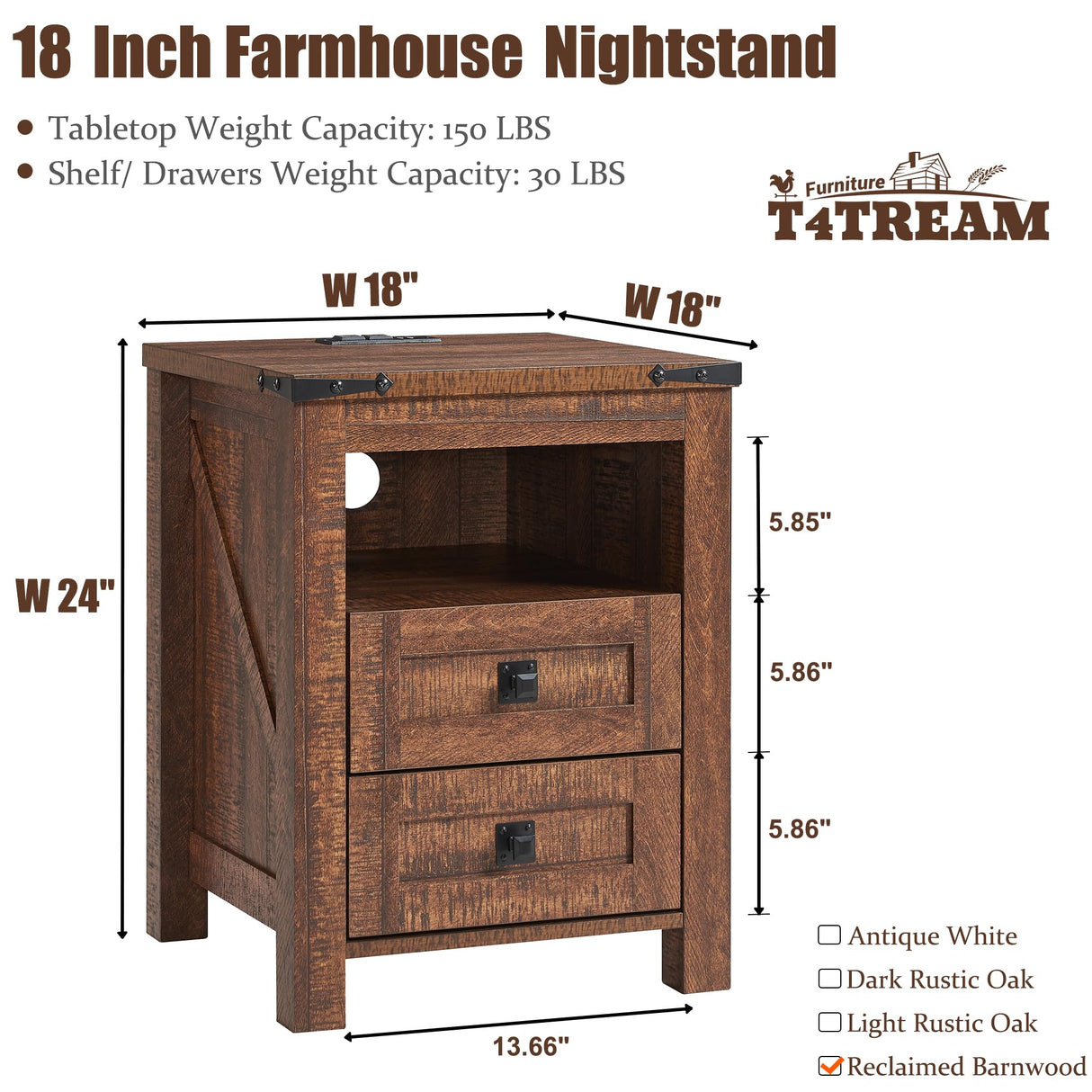 T4TREAM Nightstand wtih Charging Station, End Table, Side Table with 2 Drawers Storage Cabinet for Bedroom, Living Room, Farmhouse Design, Wood Rustic, Reclaimed Barnwood T4TREAM