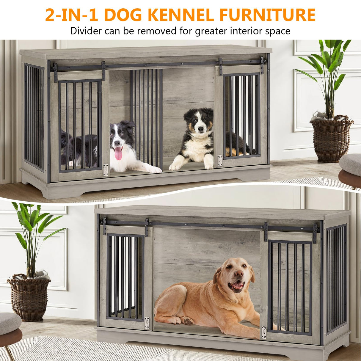 Yafylly 2-in-1 Double Dog Crate Furniture with Divider 60.6 Inch Grey Sturdy Dog Kennel TV Stand with 2 Sliding Doors and Thick Iron Door Frame for 2 Dogs Yafylly
