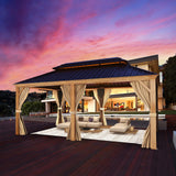 YOLENY 12' x 20' Hardtop Gazebo Wood Grain Gazebo with Galvanized Steel Double Roof, Aluminum Frame, Outdoor Patio Hardtop Gazebo with Netting and Curtains for Deck, Backyard, Patio, Lawns YOLENY