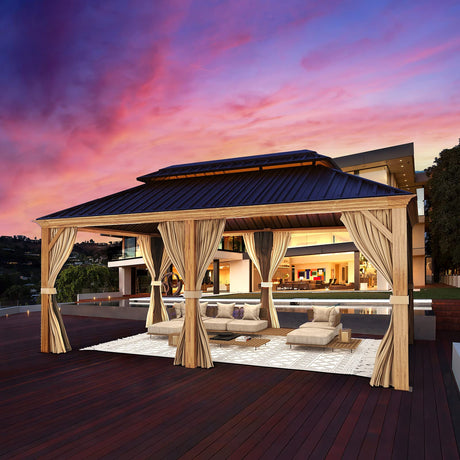 YOLENY 12' x 20' Hardtop Gazebo Wood Grain Gazebo with Galvanized Steel Double Roof, Aluminum Frame, Outdoor Patio Hardtop Gazebo with Netting and Curtains for Deck, Backyard, Patio, Lawns YOLENY