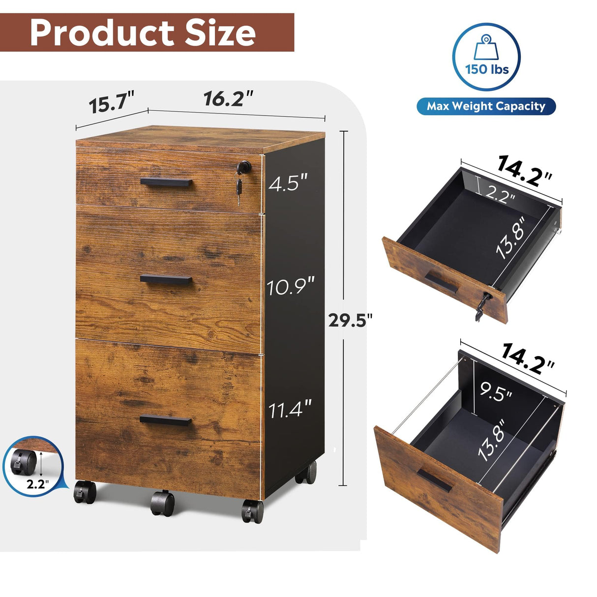 DEVAISE 3 Drawer Rolling File Cabinet with Lock, Wood Filing Cabinet fits Letter / A4 Size for Home Office, Rustic Brown DEVAISE