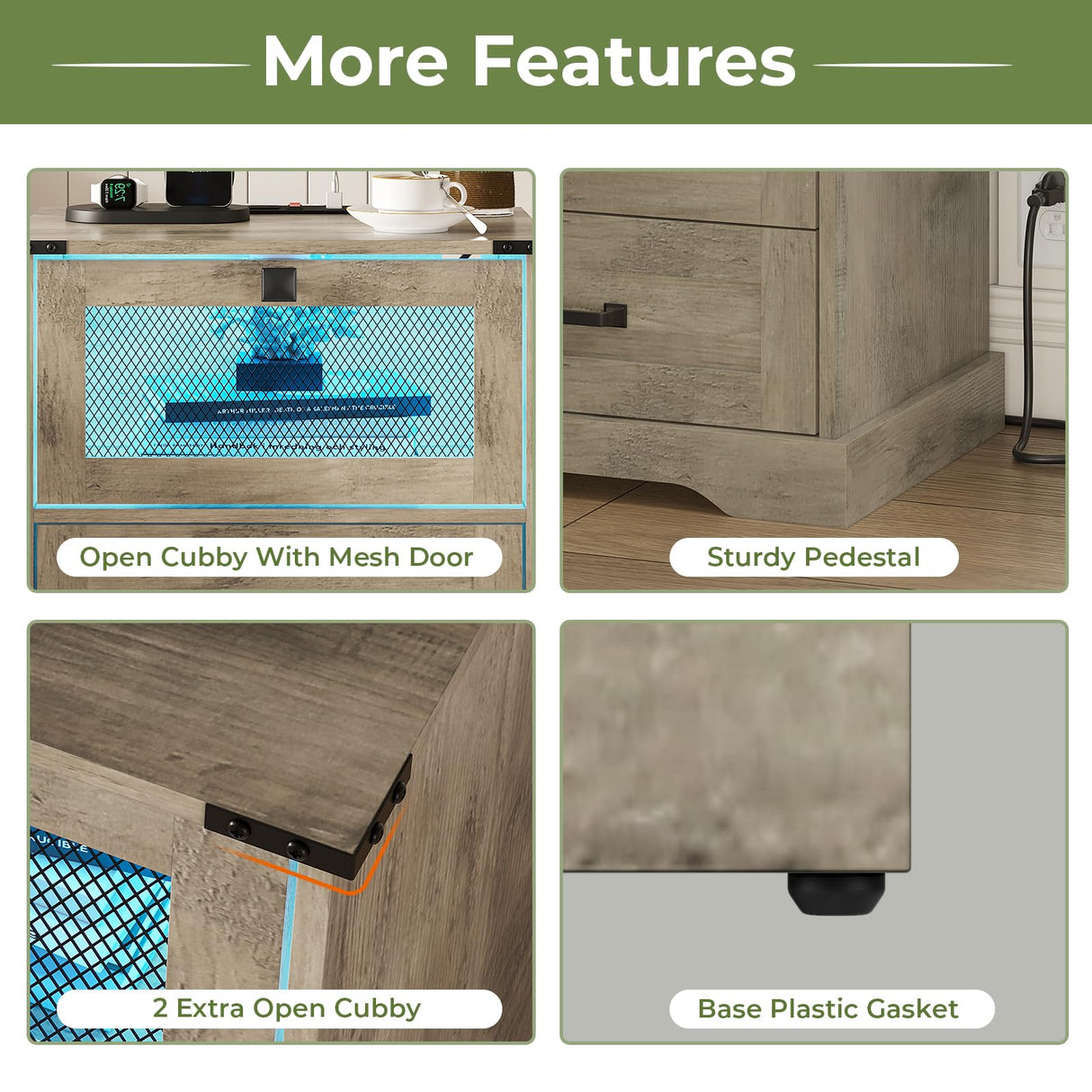 Set of 2 Hasuit Rustic Oak Nightstands with LED Lights and Charging Station Hasuit