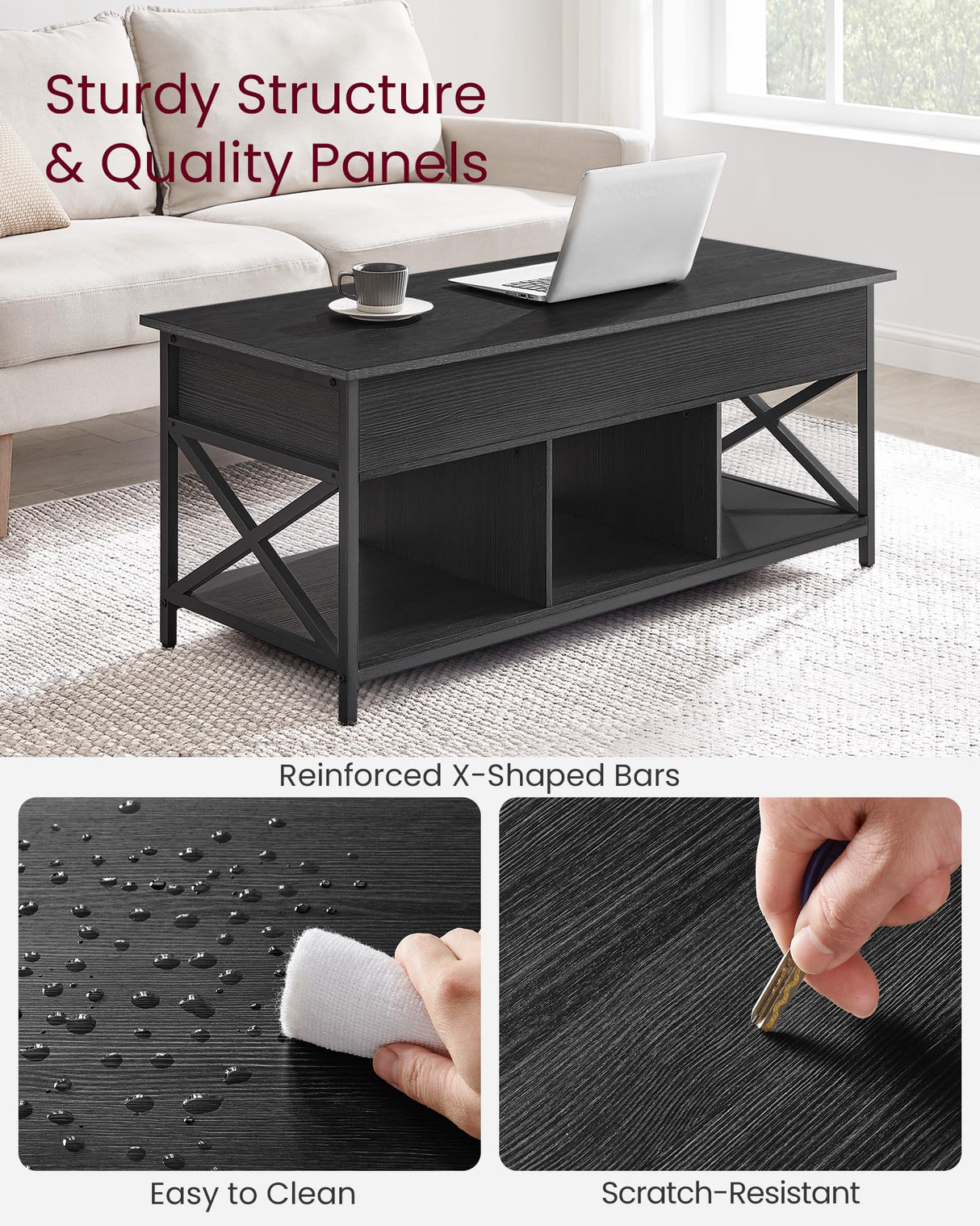 VASAGLE Lift Top Coffee Table, Lift Coffee Table with Storage Shelf, Hidden Compartments and Lifting Top, for Living Room, Office, 19.7 x 47.2 x (19.3-24.4) Inches, Black with Wood Grain ULCT212B22 VASAGLE