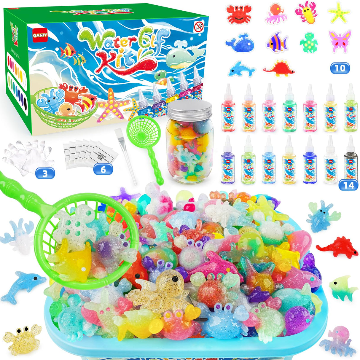 QANIY Magic Water Elf Toy Kit, Crafts for Kids Ages 4-8, Squishy Maker Set with 14 Magic Gels and 10 Molds, Aqua Fairy for Kids, Make Your Own Squishies Toys QANIY