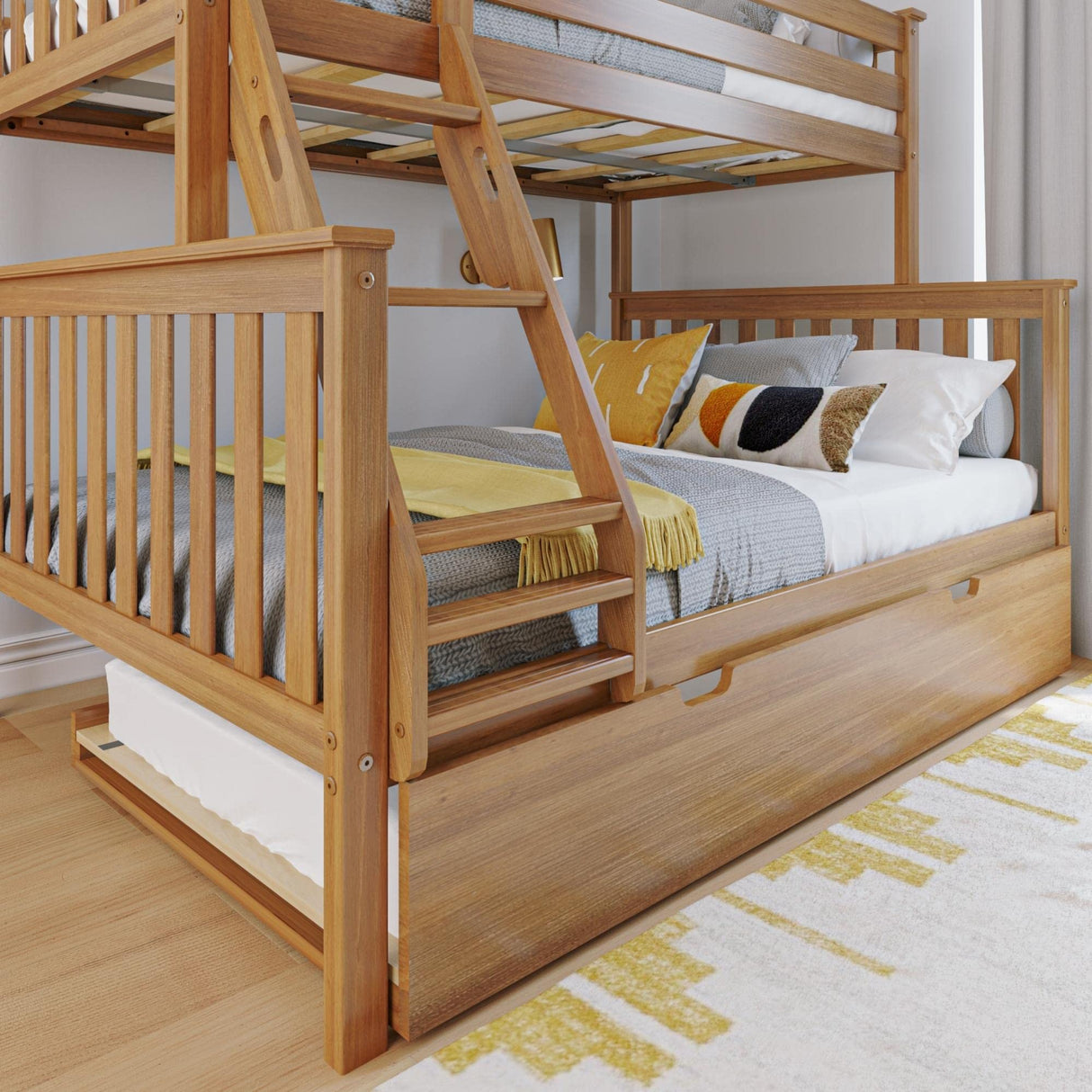 Max & Lily Bunk Bed, Twin-Over-Full Bed Frame for Kids with Trundle, Pecan Max & Lily