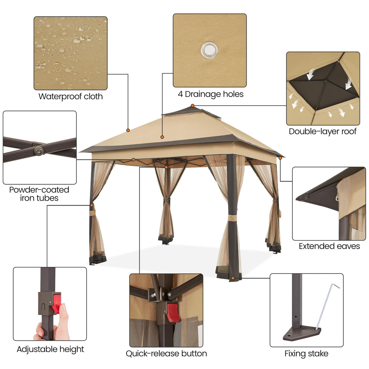 Yaheetech 11x11 Pop Up Gazebo Outdoor Canopy Shelter, Instant Patio Gazebo Sun Shade Canopy Tent with 4 Sandbags, Double Tiers & Mesh Netting for Lawn, Garden, Backyard & Deck, Khaki Yaheetech