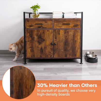 TC-HOMENY Cat Litter Box Enclosure Cabinet Storage Wooden Hidden Cat Washroom Furniture with 2 Doors, Drawers