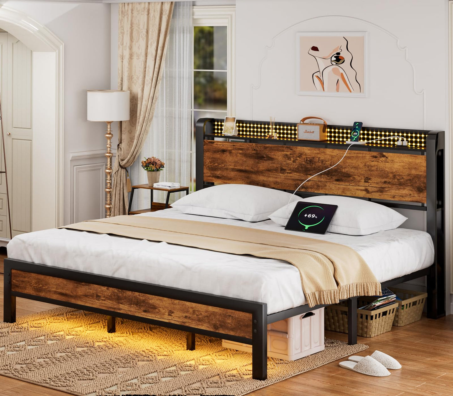 Furnulem King Size Bed Frame with LED Lighting and Storage Headboard - WoodArtSupply